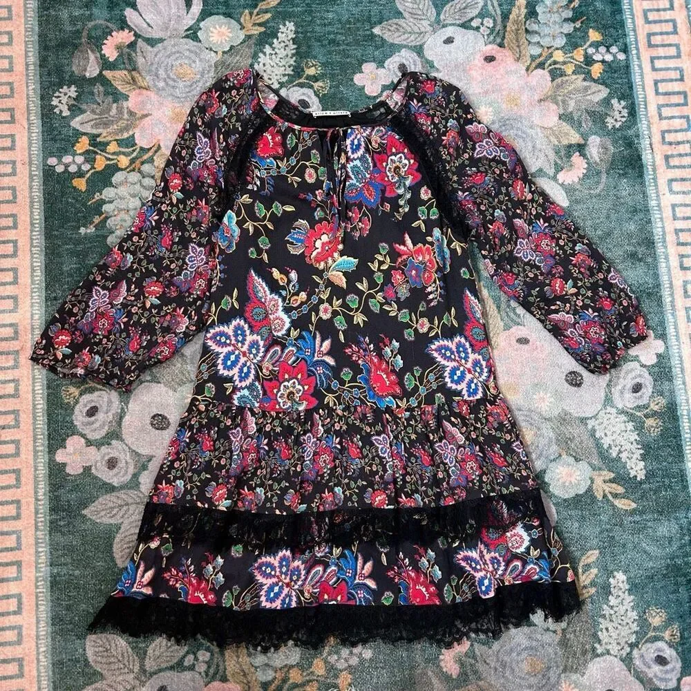 Alice + Olivia Lakita Tunic Dress Small Black Floral Long Sleeve Tiered Lace Boh - Picture 15 of 16